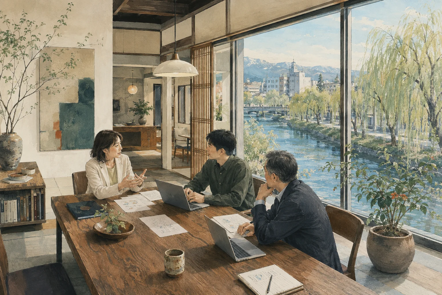 川沿いで企業の課題を話し合う仕事場のイメージ
