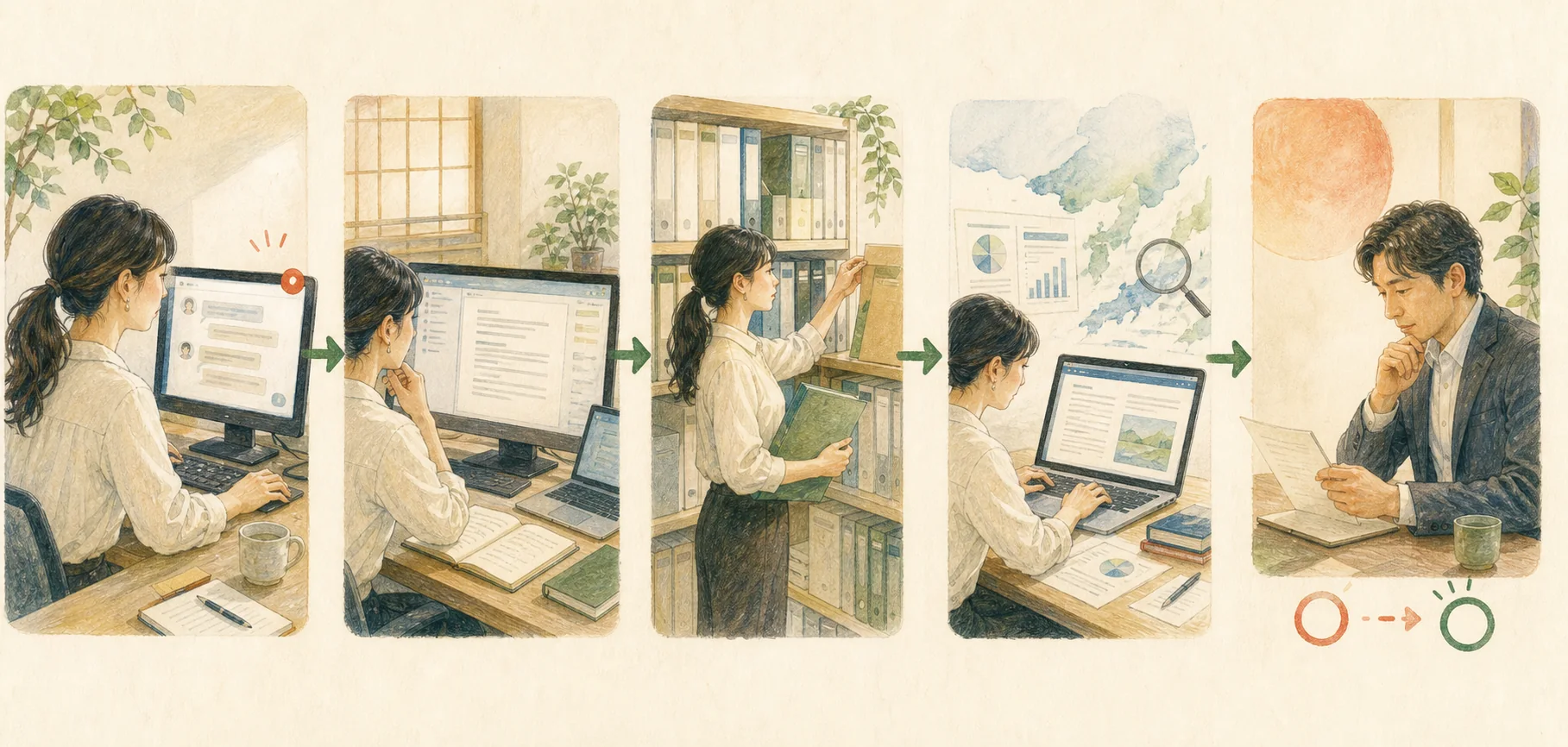 通知から調査と返信下書きまでがつながるイメージ
