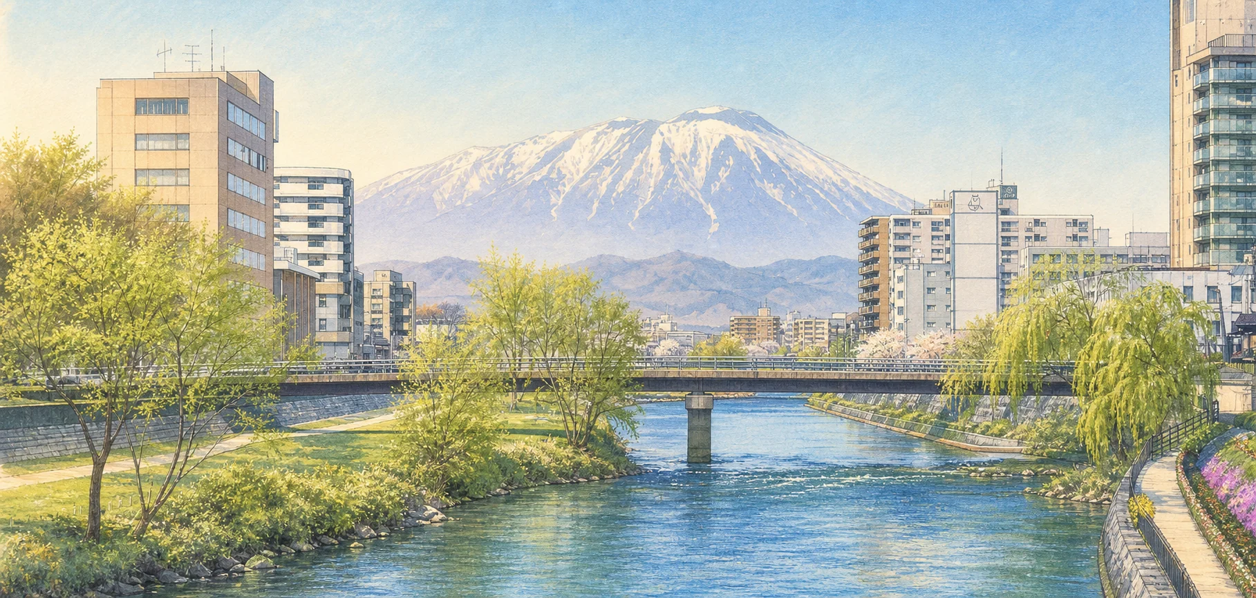 開運橋から望む、春の盛岡の街並みと岩手山